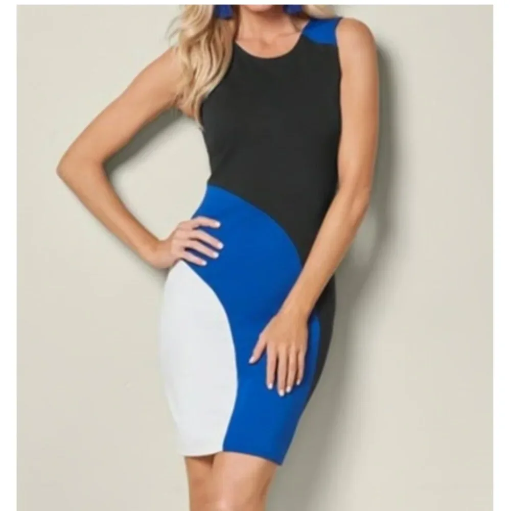 Like New Venus Color Block Bodycon Dress Blue, White & Black Cocktail Sz L - Picture 2 of 8